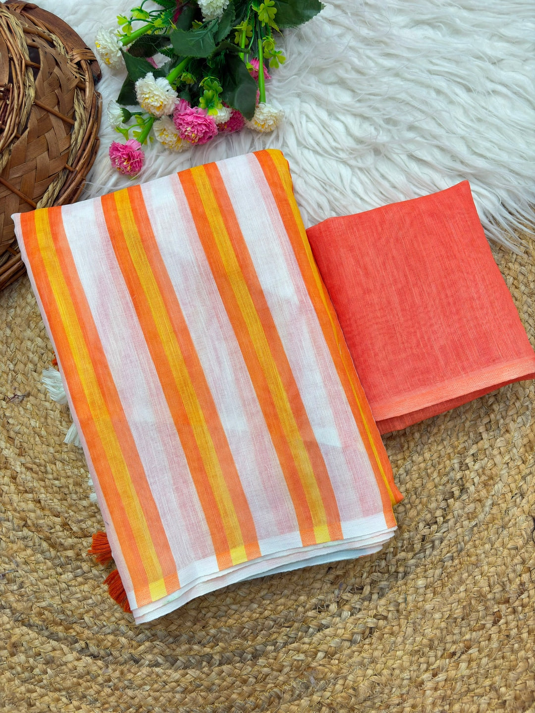 Peachmode Orange Green Striped Linen Cotton Saree - Image 3