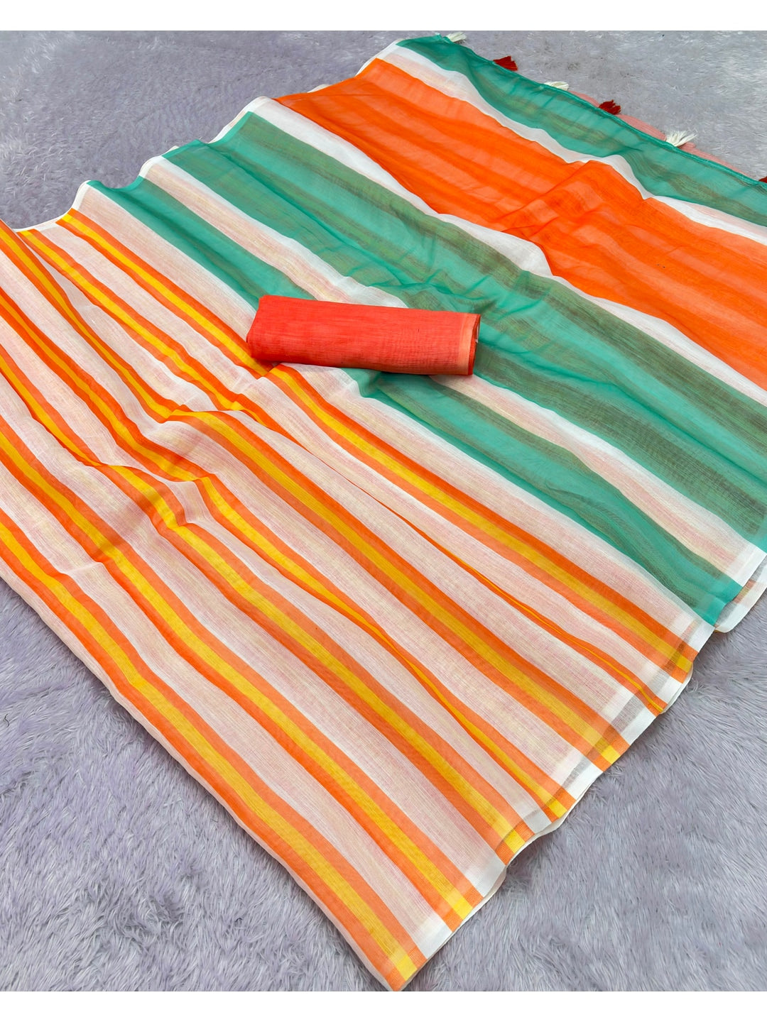 Peachmode Orange Green Striped Linen Cotton Saree - Image 4