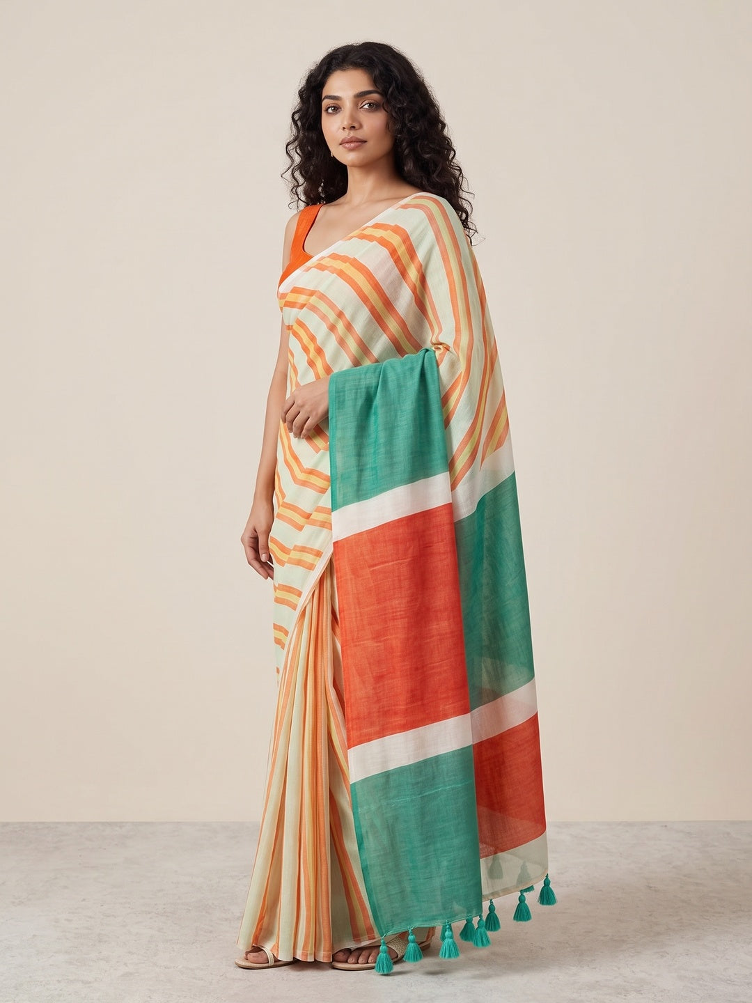 Peachmode Orange Green Striped Linen Cotton Saree - Image 5