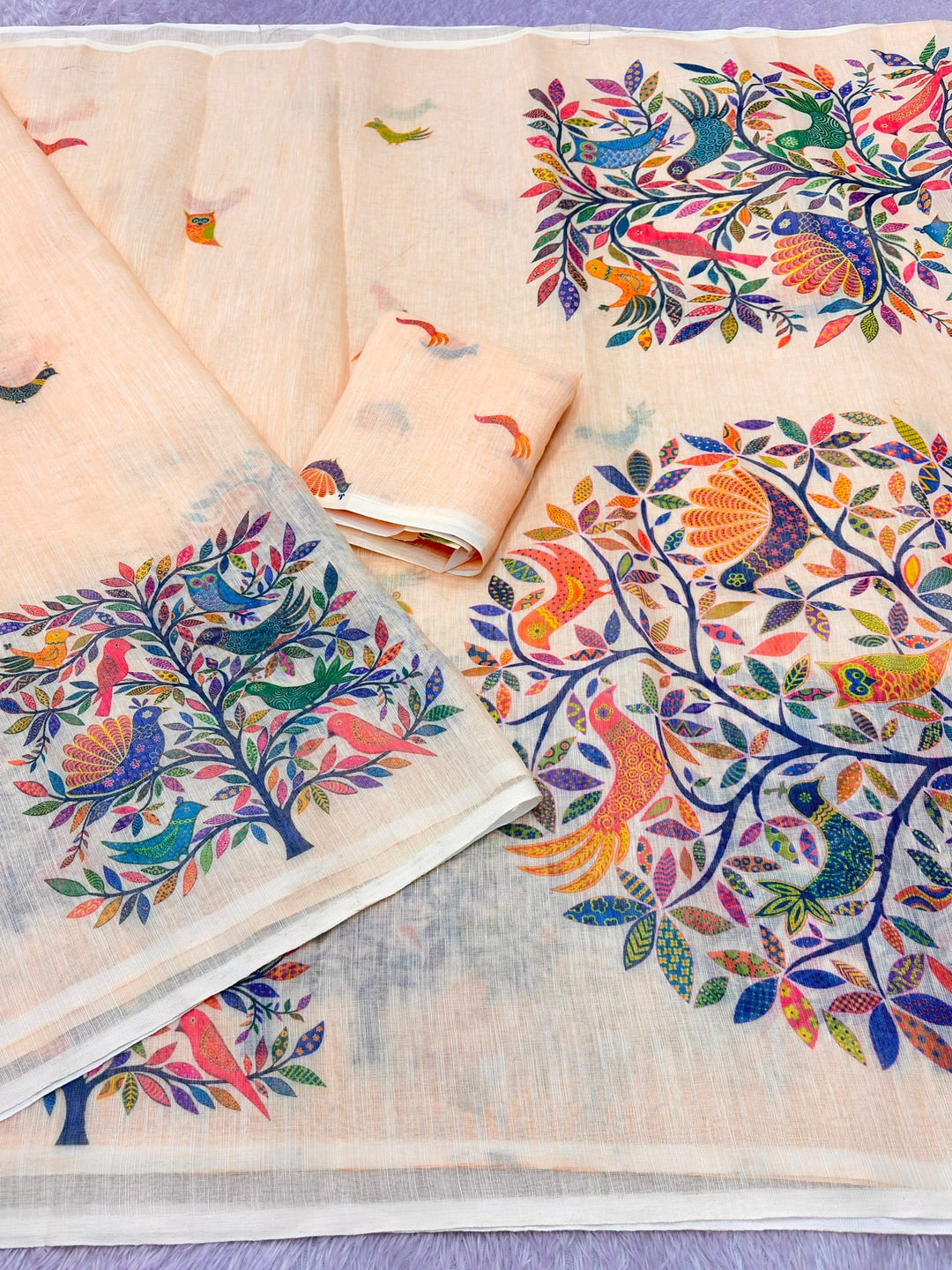 Peachmode Cream Multicolor Border Linen Cotton Saree - Image 2