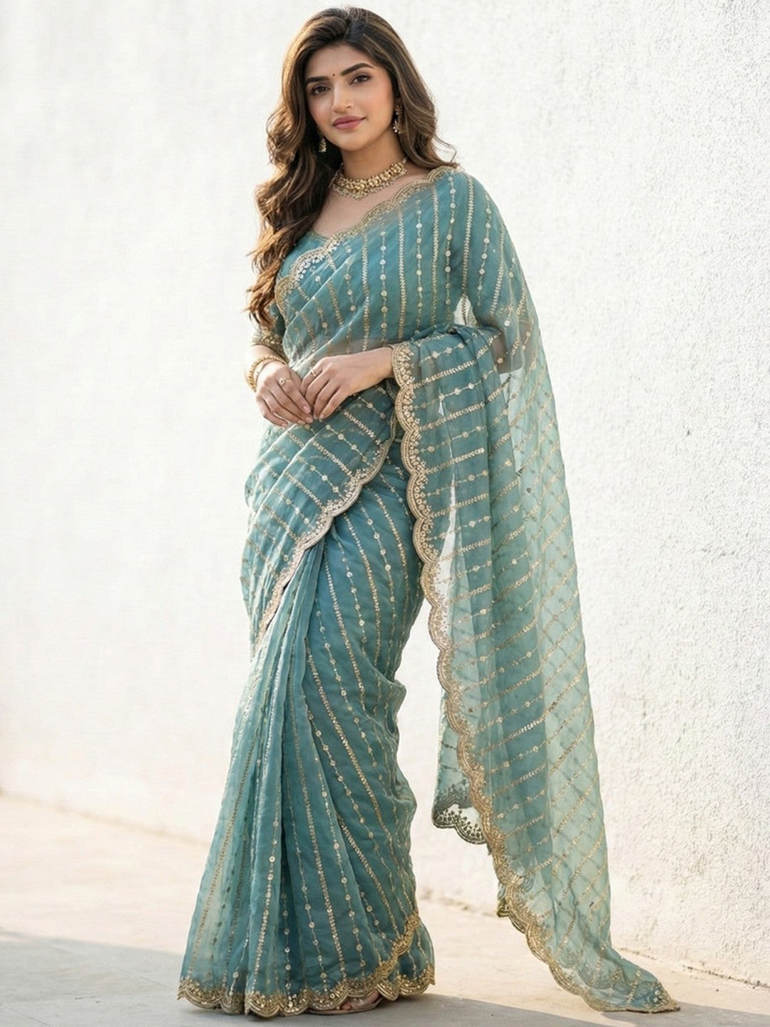 Peachmode Green Sequin Embroidered Dual Shade Satin Saree - Image 1