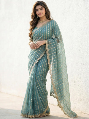 Peachmode Green Sequin Embroidered Dual Shade Satin Saree - Image 1