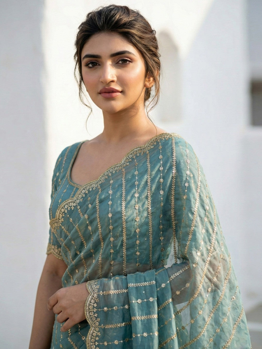 Peachmode Green Sequin Embroidered Dual Shade Satin Saree - Image 2