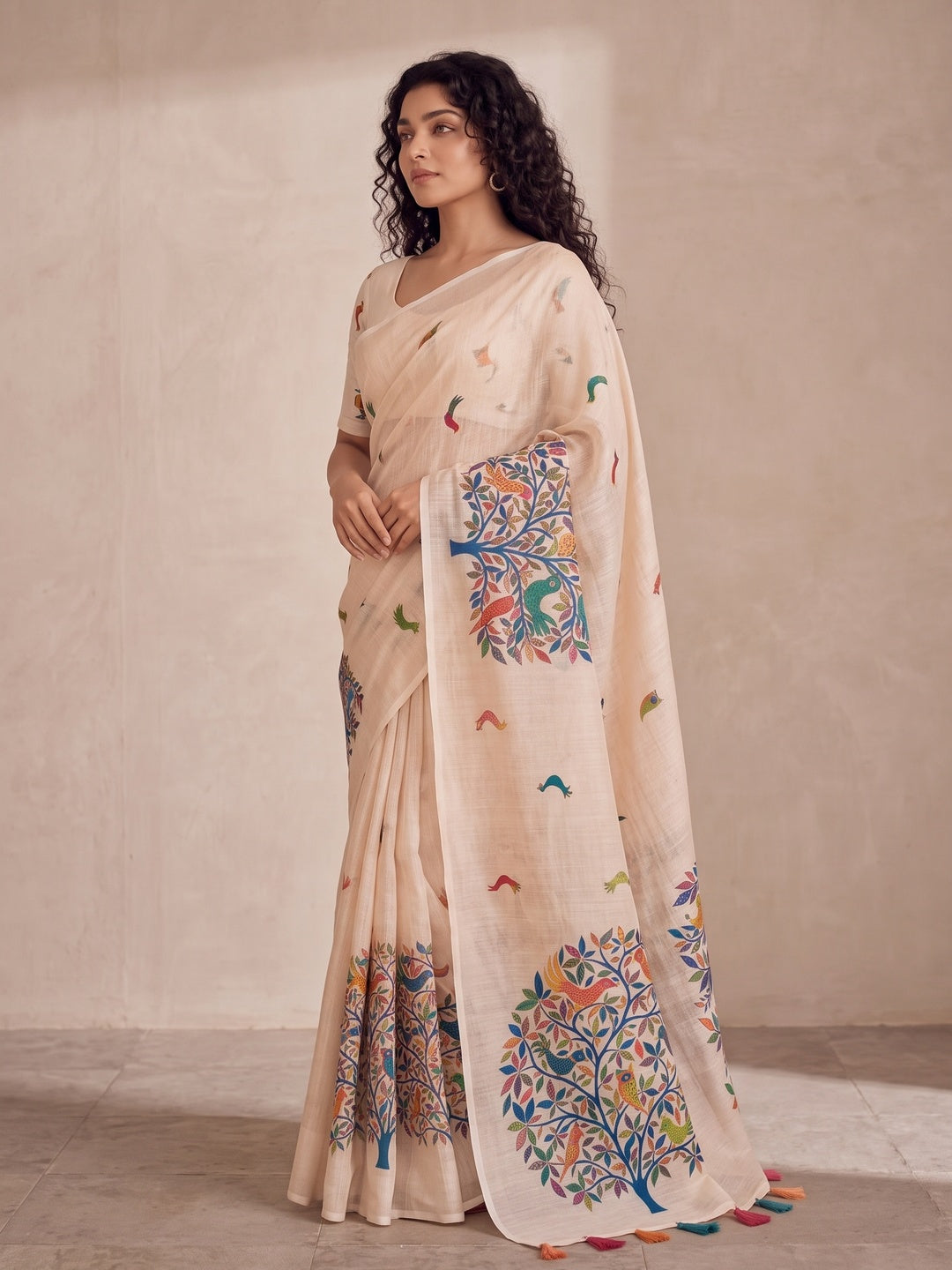 Peachmode Cream Multicolor Border Linen Cotton Saree - Image 5