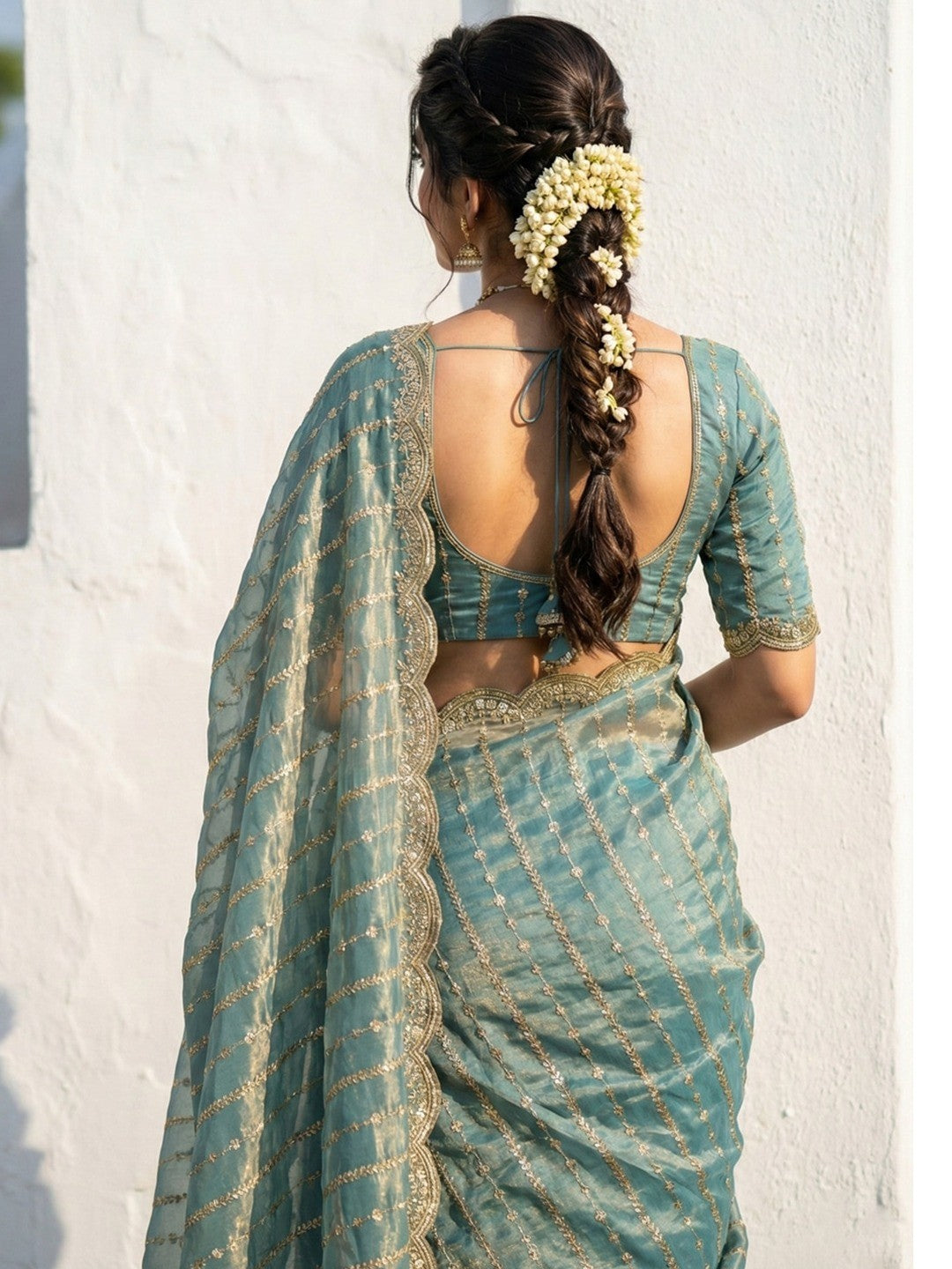 Peachmode Green Sequin Embroidered Dual Shade Satin Saree - Image 3