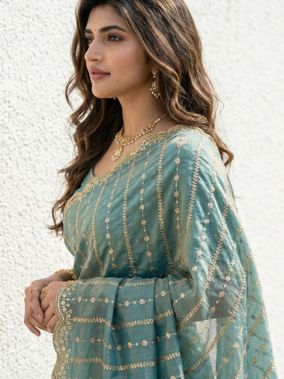 Peachmode Green Sequin Embroidered Dual Shade Satin Saree - Image 4