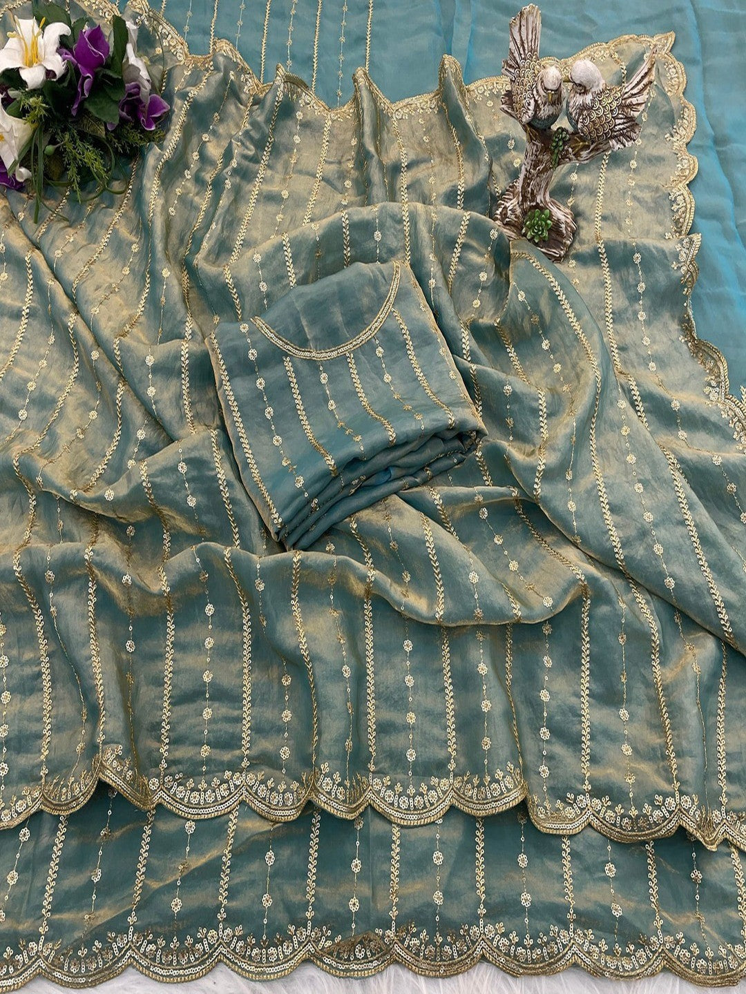 Peachmode Green Sequin Embroidered Dual Shade Satin Saree - Image 5