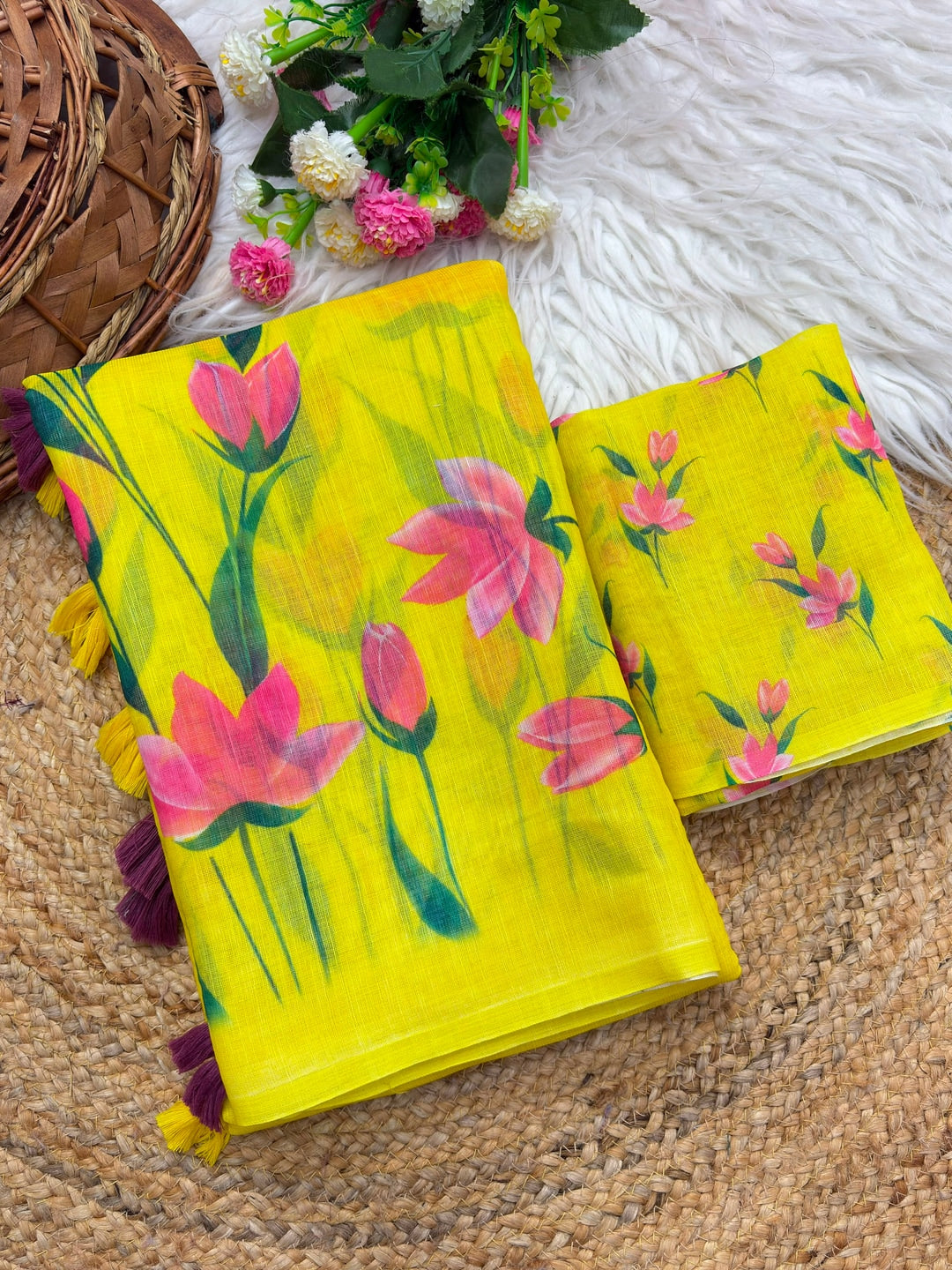 Peachmode Lime Green Floral Linen Cotton Saree - Image 2