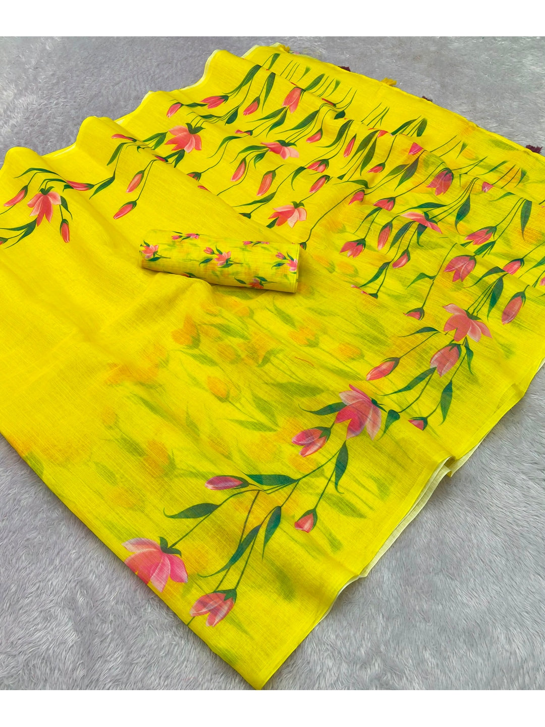 Peachmode Lime Green Floral Linen Cotton Saree - Image 3