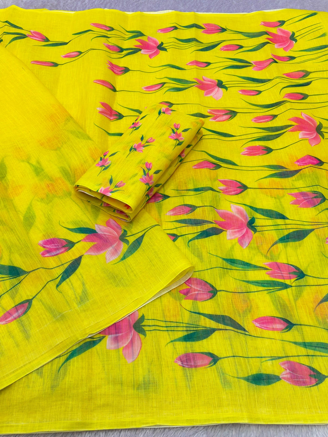Peachmode Lime Green Floral Linen Cotton Saree - Image 4