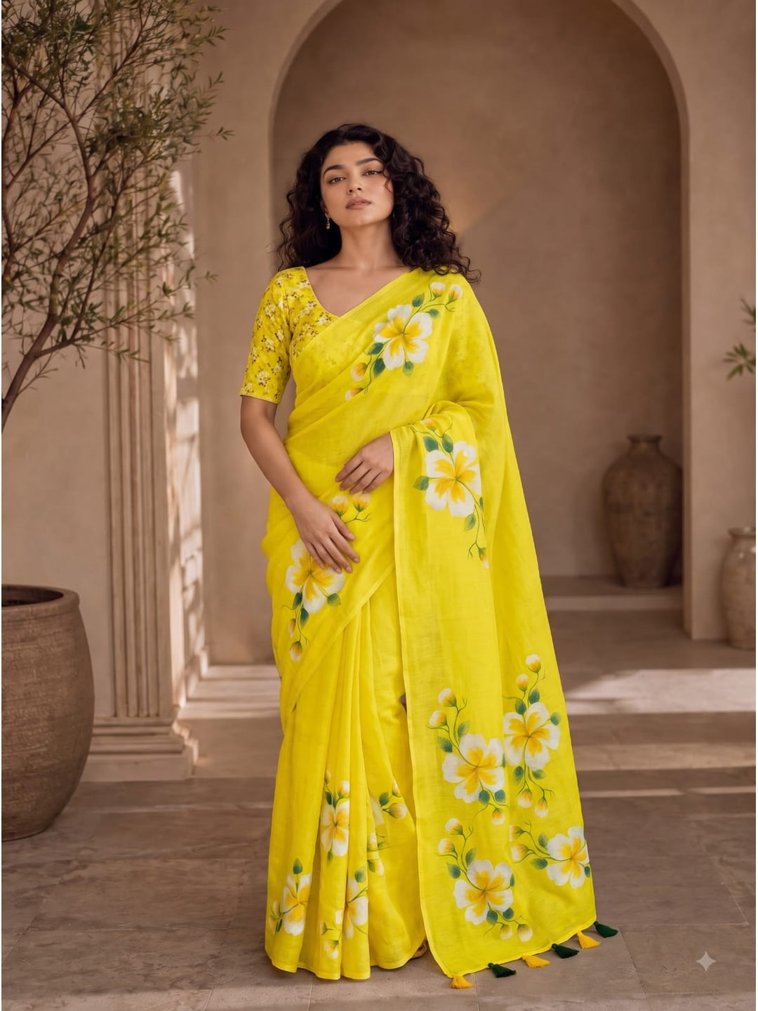 Peachmode Yellow Floral Linen Cotton Saree - Image 1