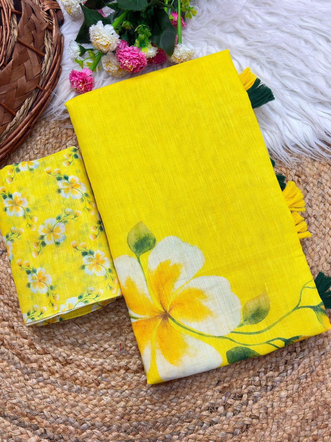 Peachmode Yellow Floral Linen Cotton Saree - Image 2