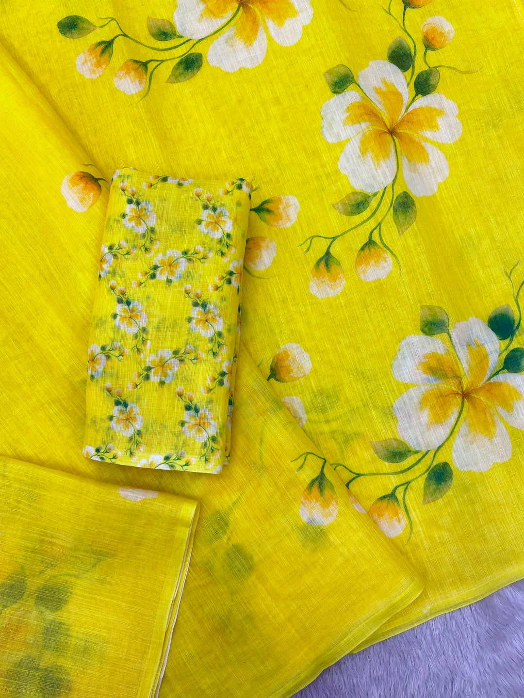 Peachmode Yellow Floral Linen Cotton Saree - Image 3