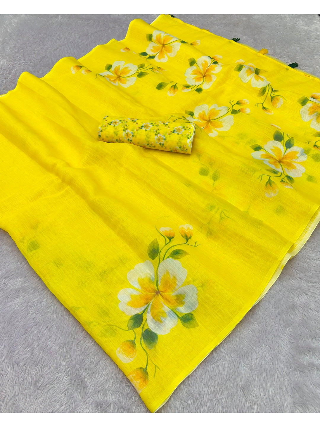 Peachmode Yellow Floral Linen Cotton Saree - Image 4