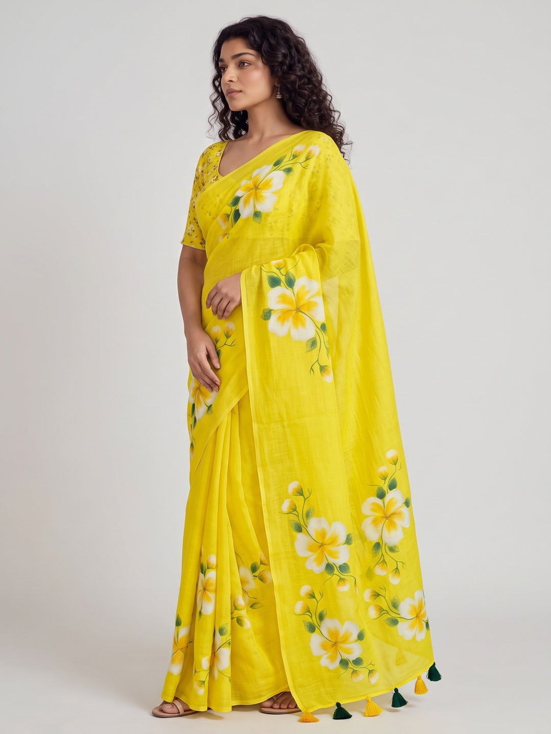 Peachmode Yellow Floral Linen Cotton Saree - Image 5