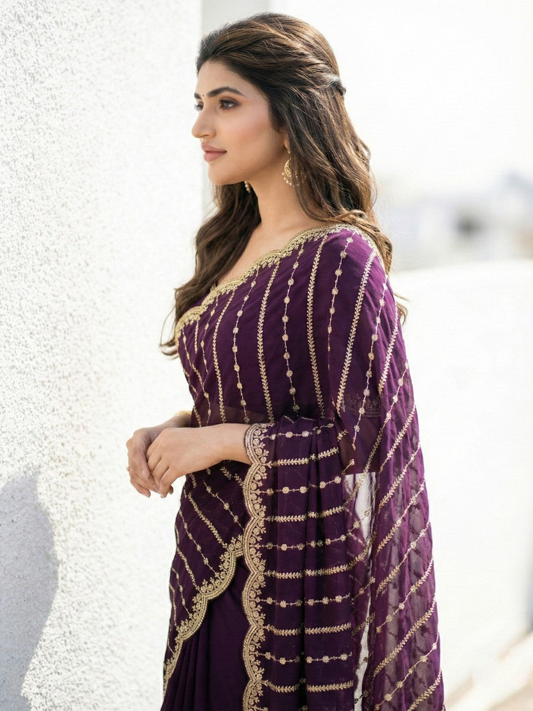 Peachmode Purple Sequin Embroidered Dual Shade Satin Saree - Image 2