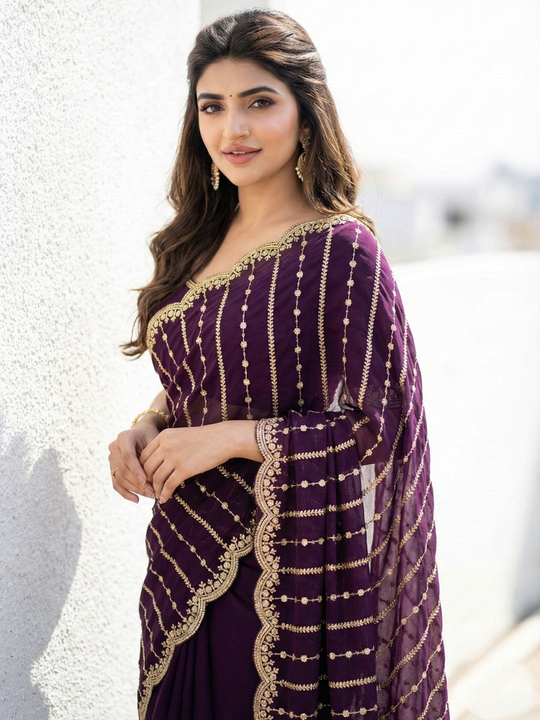 Peachmode Purple Sequin Embroidered Dual Shade Satin Saree - Image 4