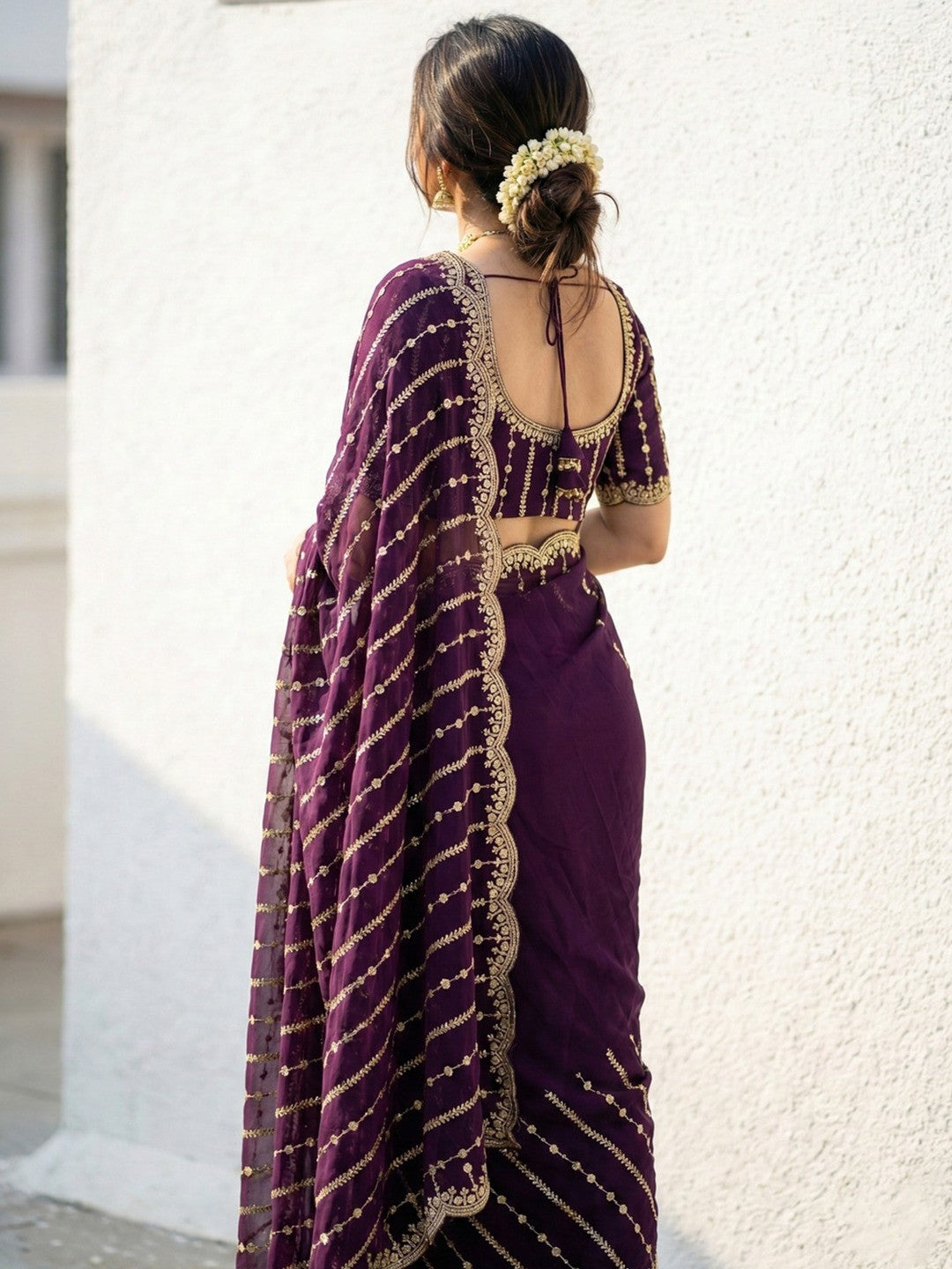 Peachmode Purple Sequin Embroidered Dual Shade Satin Saree - Image 5