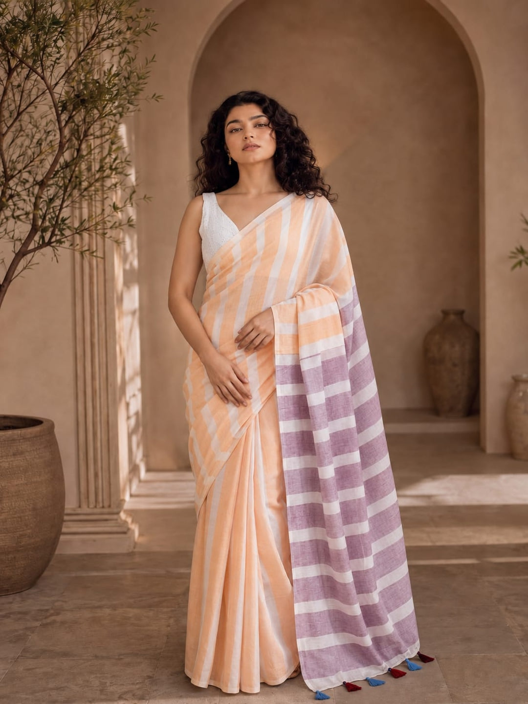 Peachmode Orange Purple Striped Linen Cotton Saree - Image 1