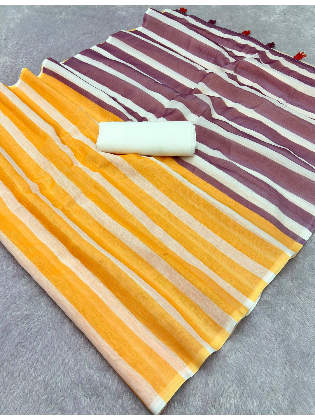 Peachmode Orange Purple Striped Linen Cotton Saree - Image 2