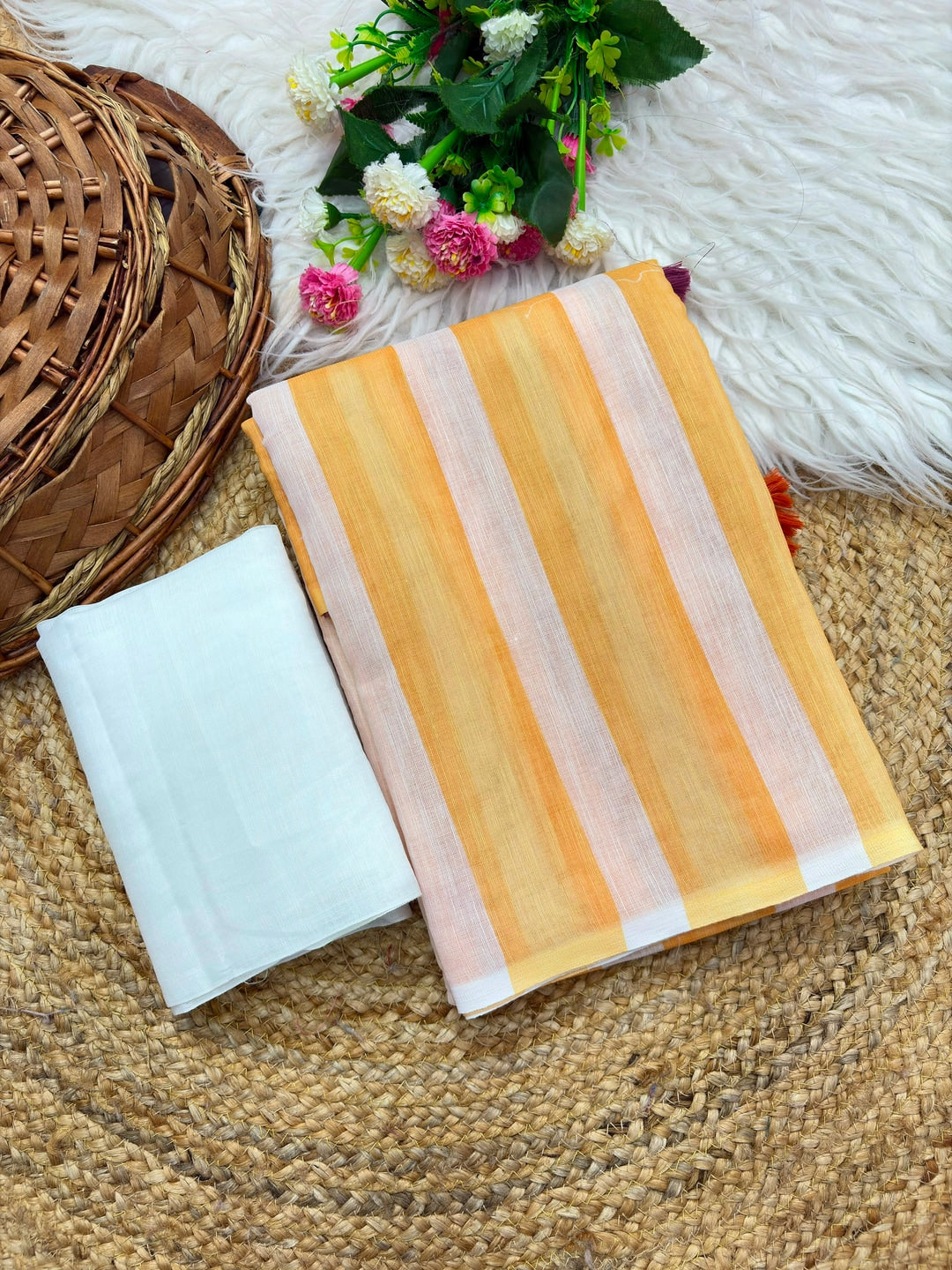 Peachmode Orange Purple Striped Linen Cotton Saree - Image 3