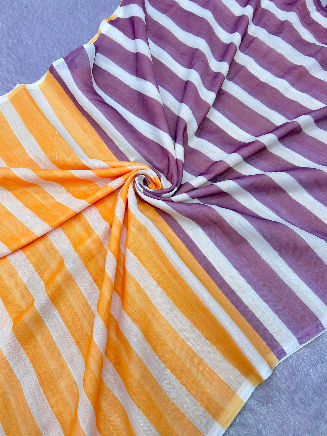Peachmode Orange Purple Striped Linen Cotton Saree - Image 4