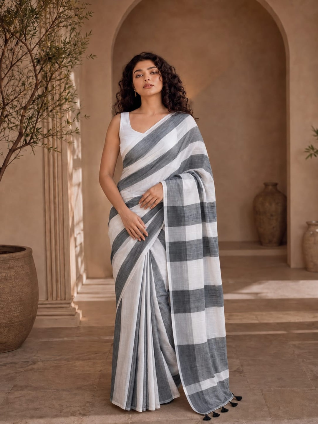 Peachmode Black White Striped Linen Cotton Saree - Image 1