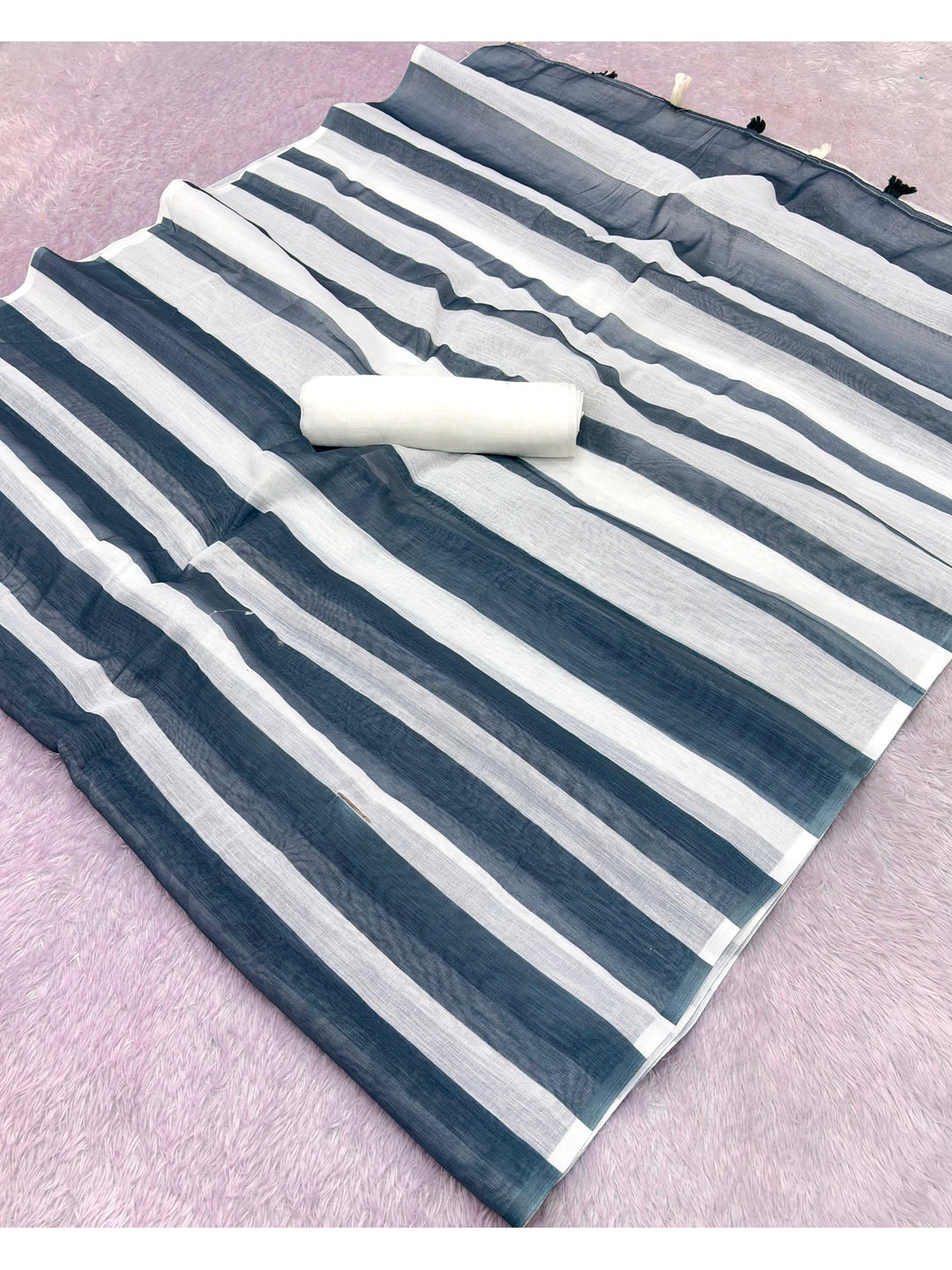 Peachmode Black White Striped Linen Cotton Saree - Image 2