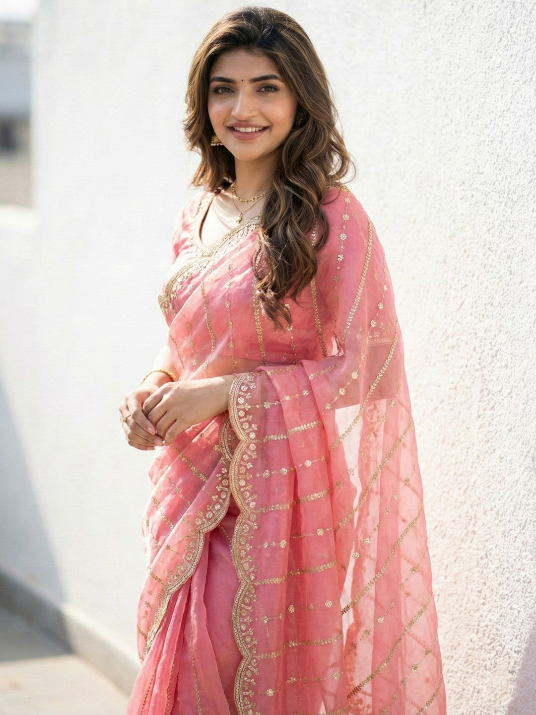 Peachmode Peach Sequin Embroidered Dual Shade Satin Saree - Image 2