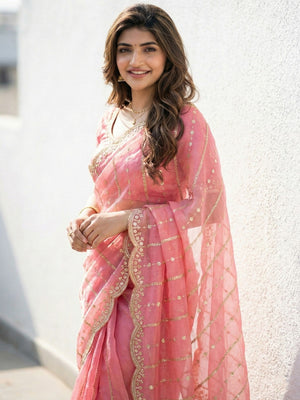 Peachmode Peach Sequin Embroidered Dual Shade Satin Saree - Image 2