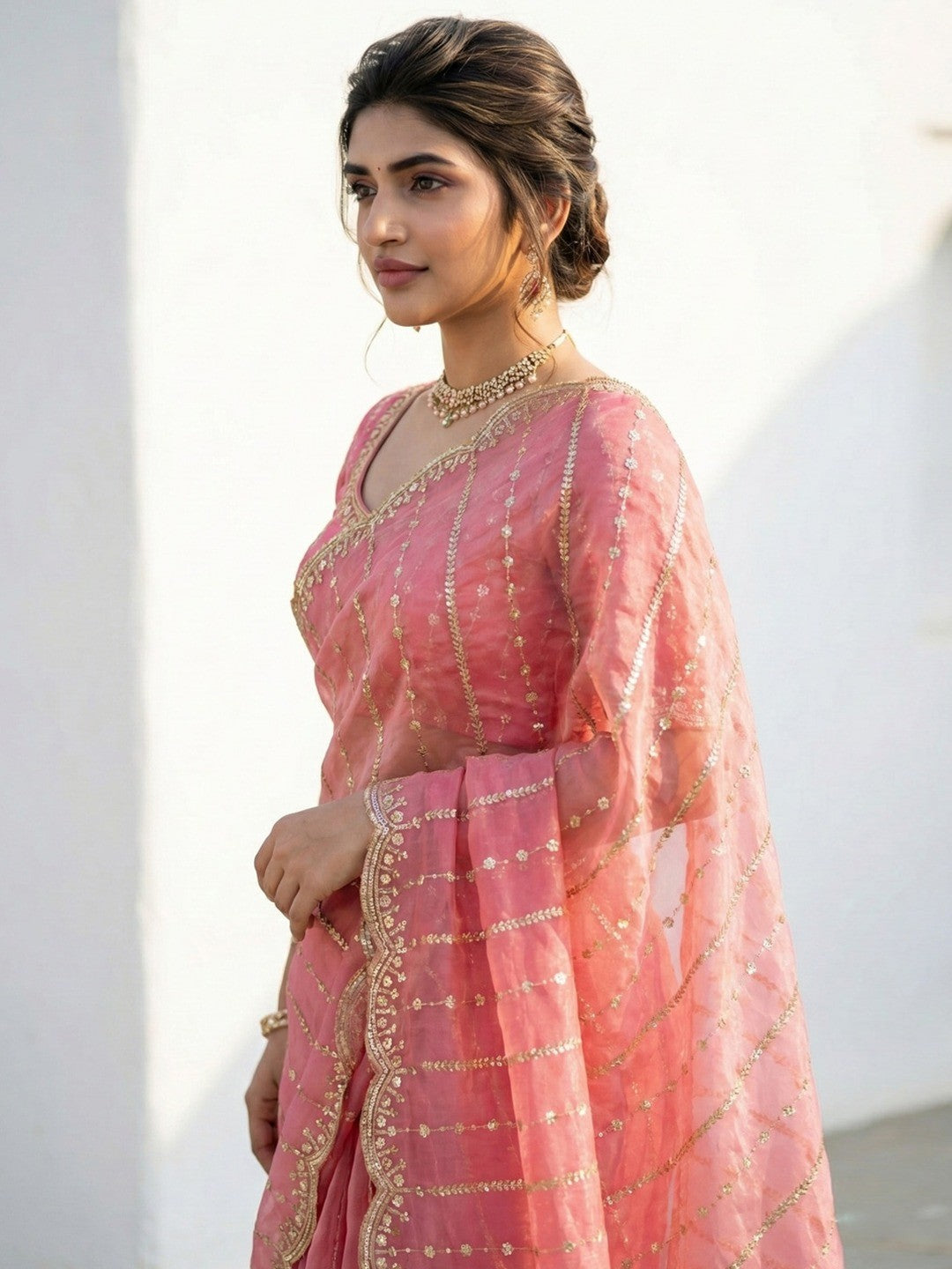 Peachmode Peach Sequin Embroidered Dual Shade Satin Saree - Image 3
