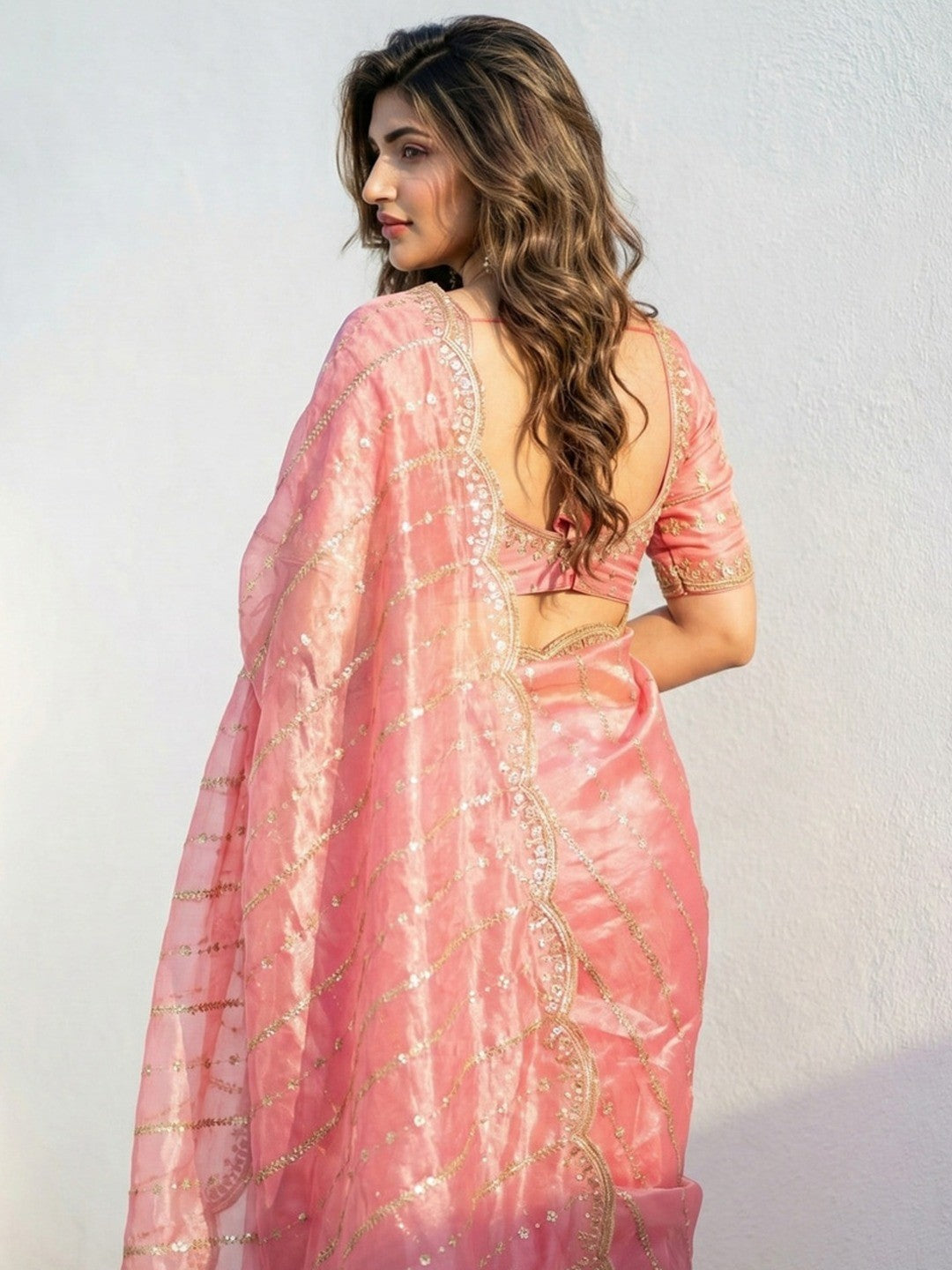 Peachmode Peach Sequin Embroidered Dual Shade Satin Saree - Image 4