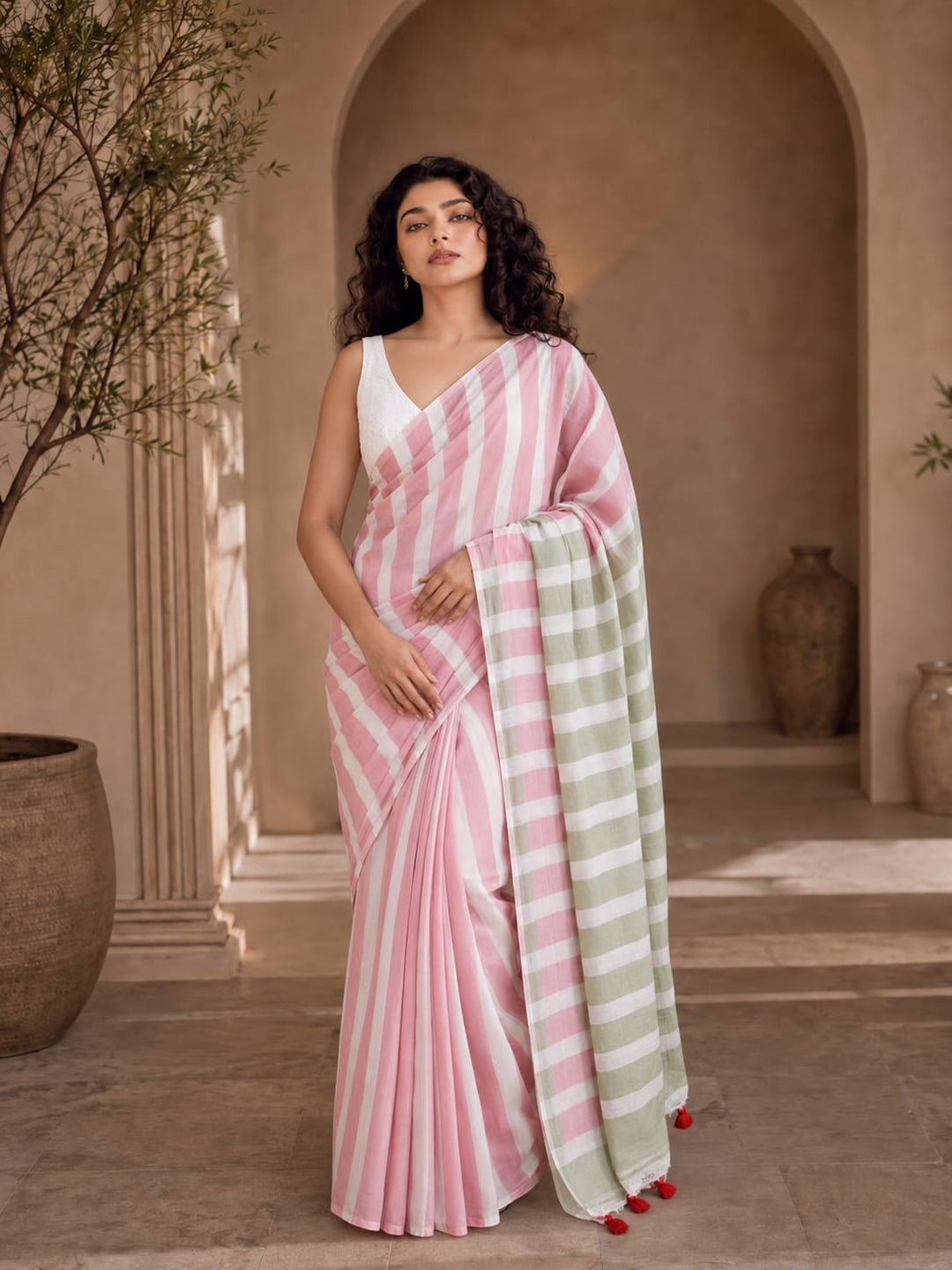 Peachmode Pink Green Striped Linen Cotton Saree - Image 1