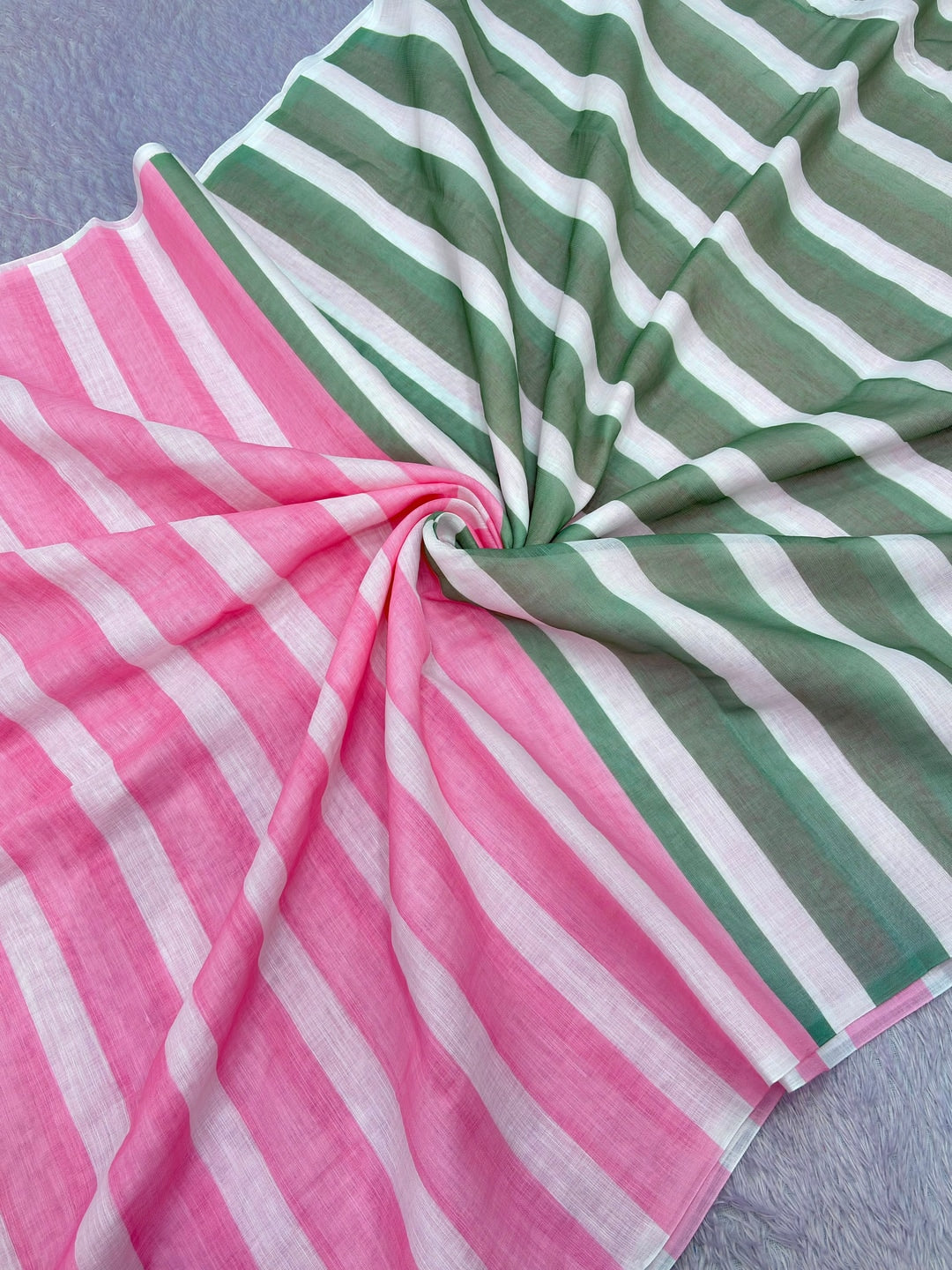 Peachmode Pink Green Striped Linen Cotton Saree - Image 2