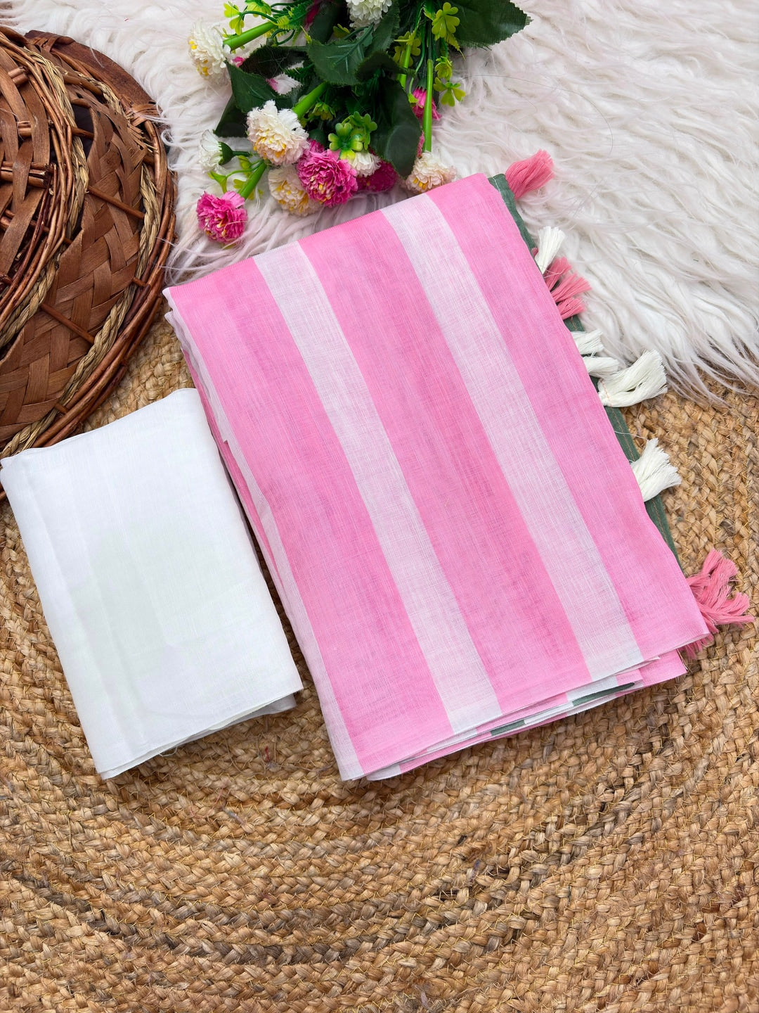 Peachmode Pink Green Striped Linen Cotton Saree - Image 4