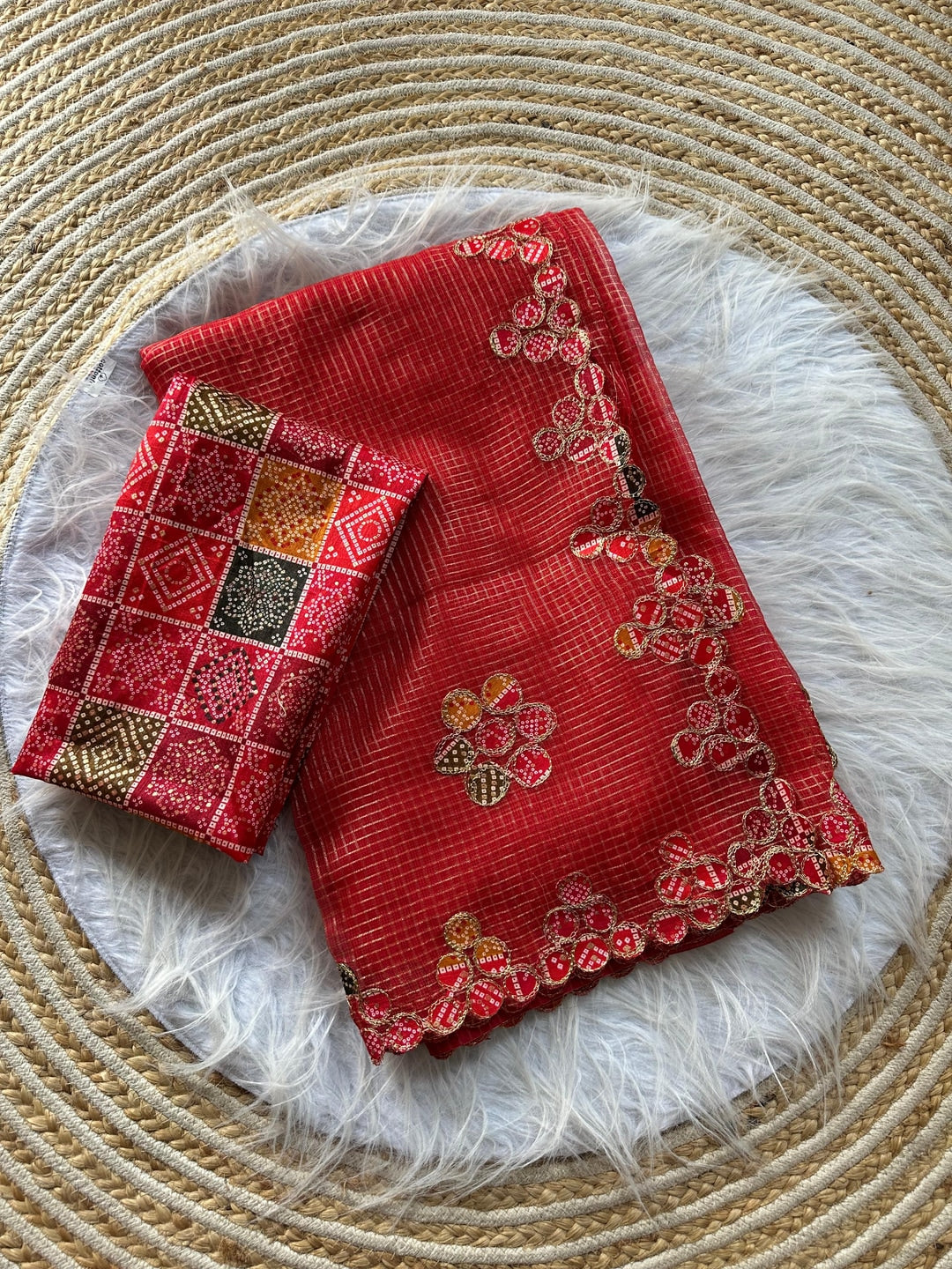 Peachmode Red Kota Doria Bandhej Patch Saree - Image 2