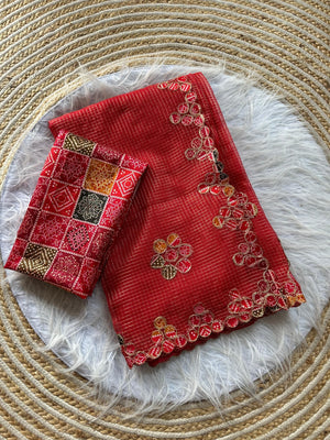 Peachmode Red Kota Doria Bandhej Patch Saree - Image 2