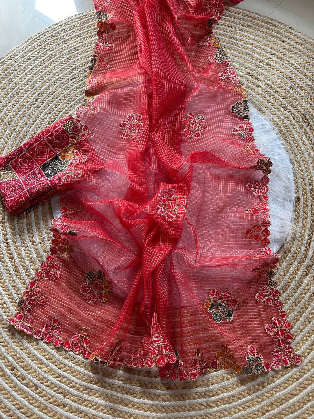 Peachmode Red Kota Doria Bandhej Patch Saree - Image 3