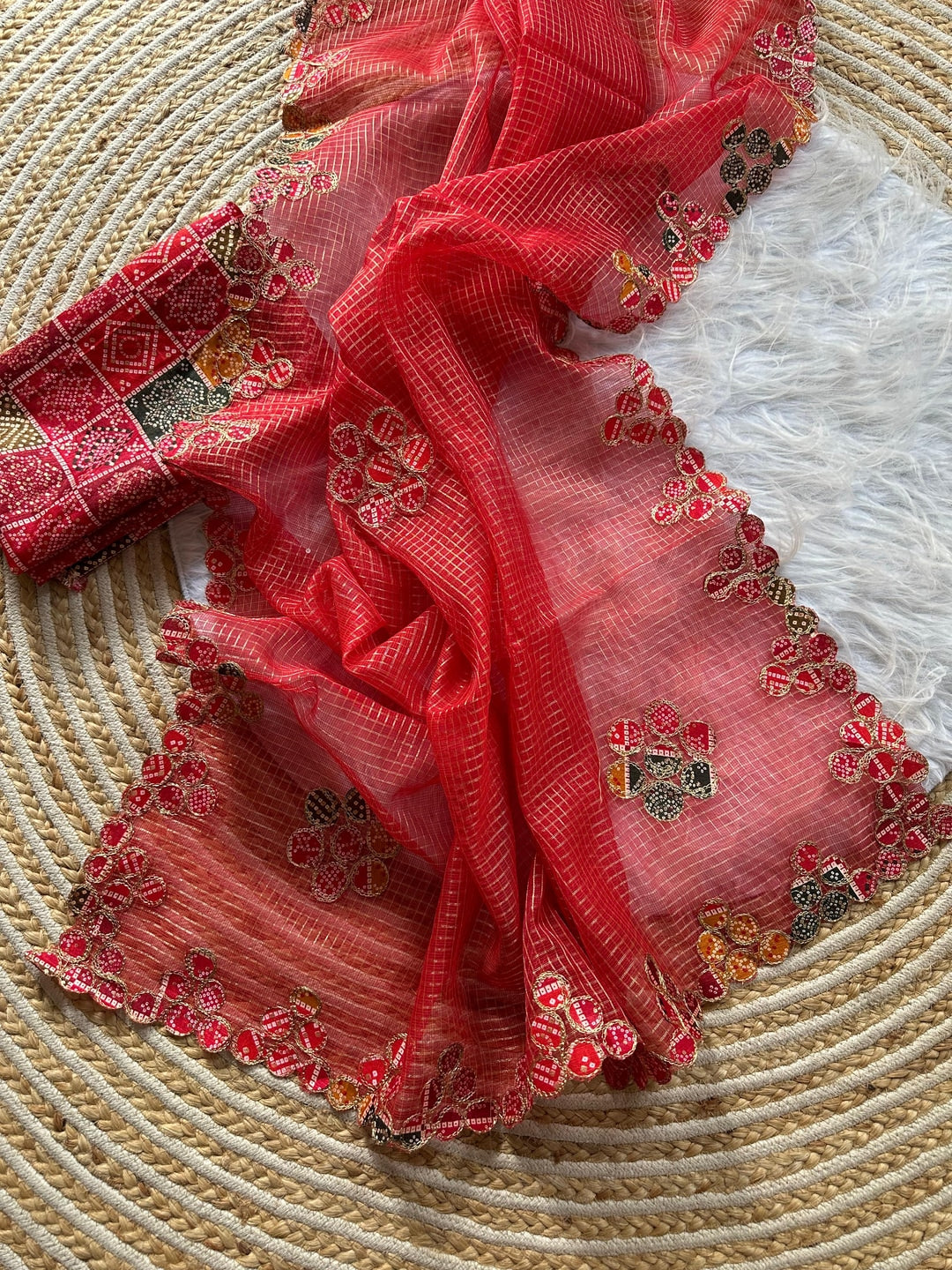 Peachmode Red Kota Doria Bandhej Patch Saree - Image 4
