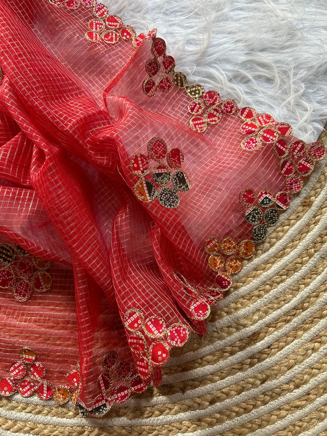 Peachmode Red Kota Doria Bandhej Patch Saree - Image 5