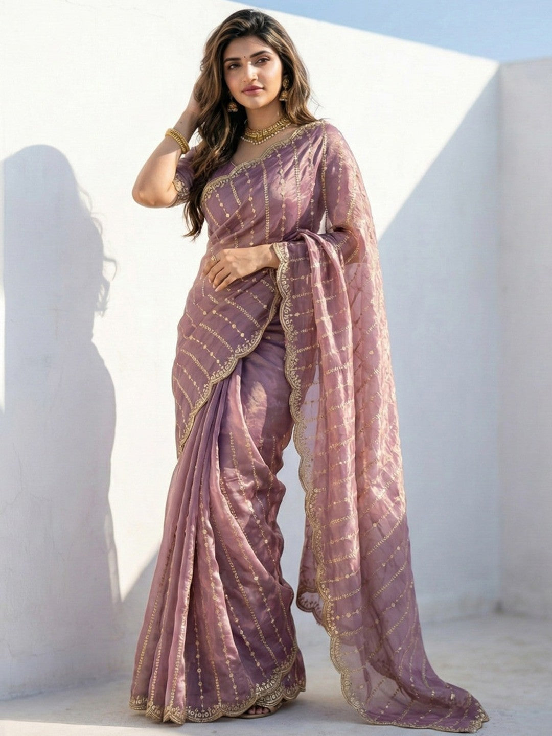 Peachmode Mauve Sequin Embroidered Dual Shade Satin Saree - Image 1