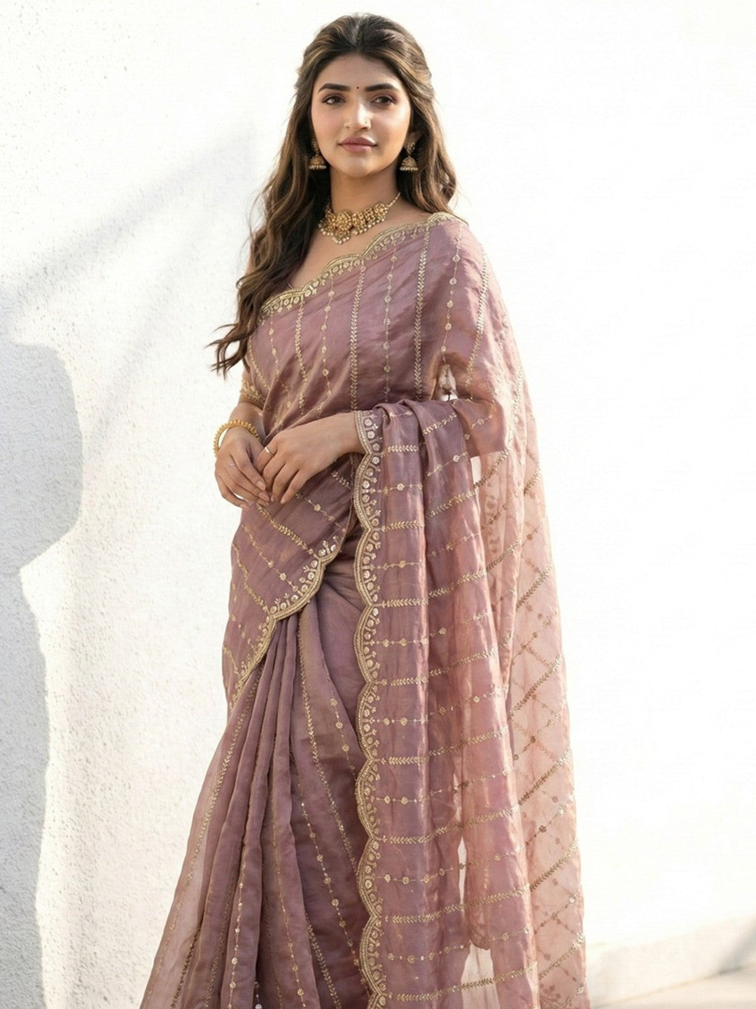 Peachmode Mauve Sequin Embroidered Dual Shade Satin Saree - Image 2