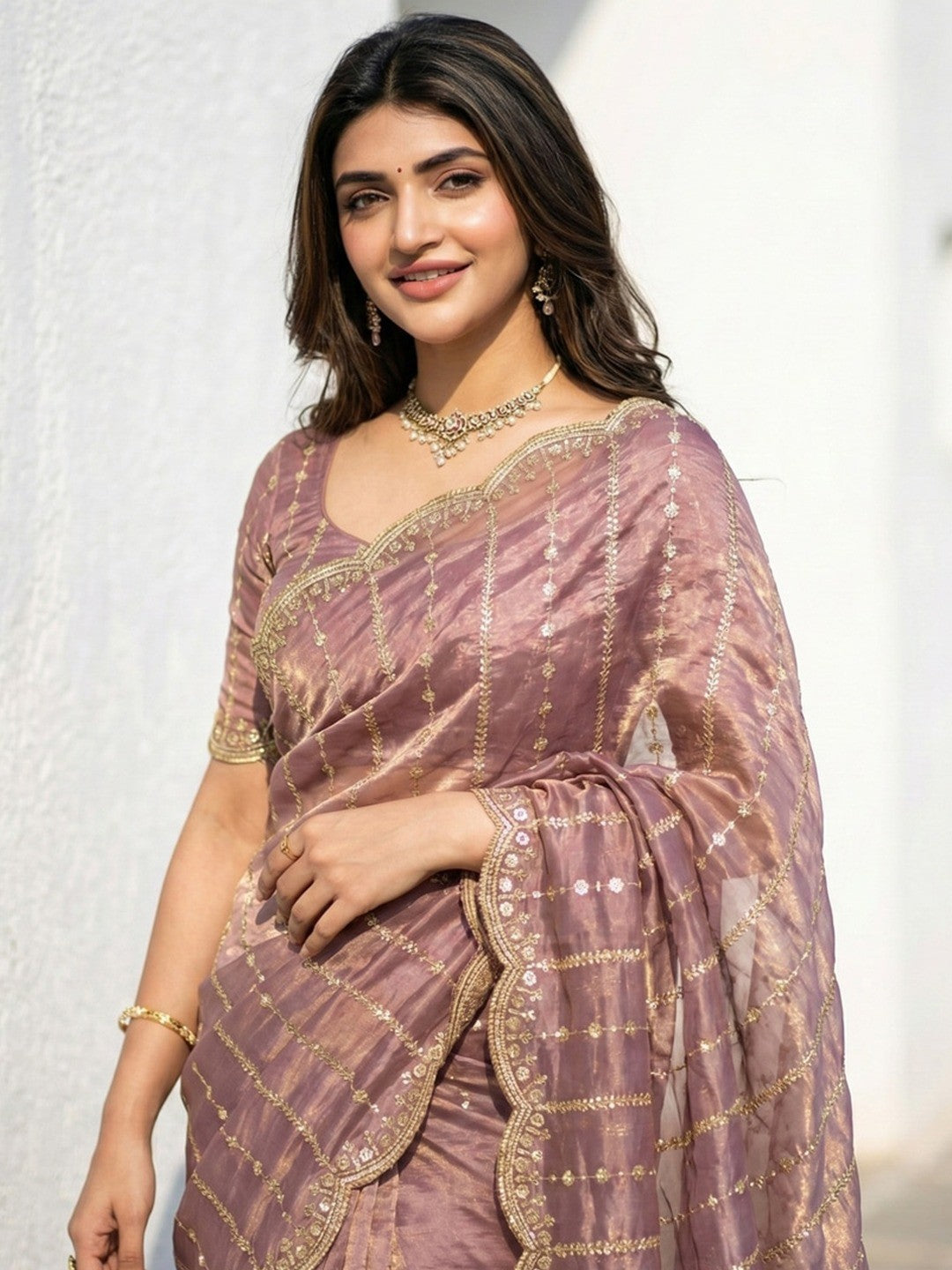Peachmode Mauve Sequin Embroidered Dual Shade Satin Saree - Image 3