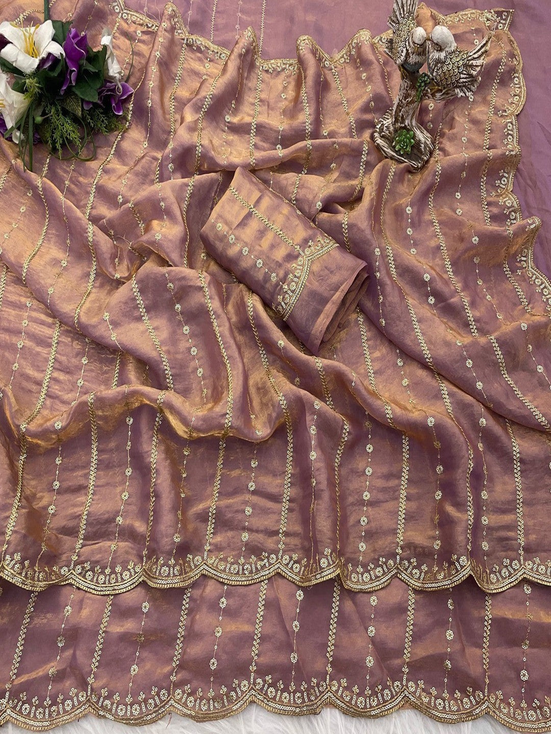 Peachmode Mauve Sequin Embroidered Dual Shade Satin Saree - Image 5