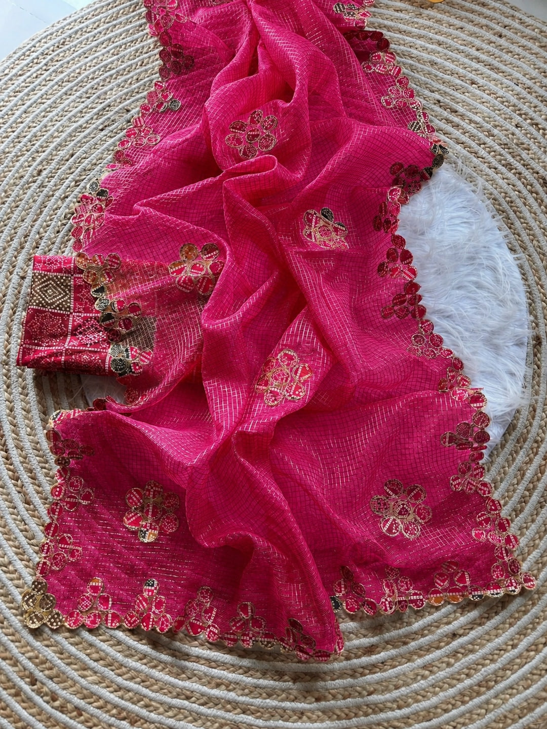 Peachmode Rani Pink Kota Doria Bandhej Patch Saree - Image 2