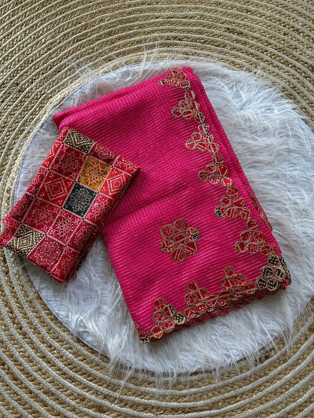 Peachmode Rani Pink Kota Doria Bandhej Patch Saree - Image 4