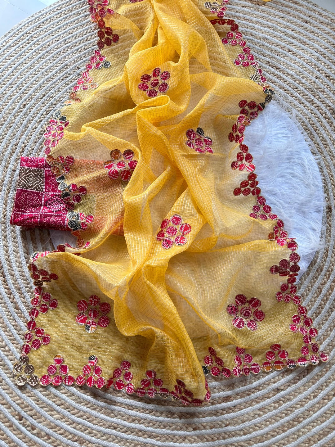 Peachmode Yellow Kota Doria Bandhej Patch Saree - Image 3
