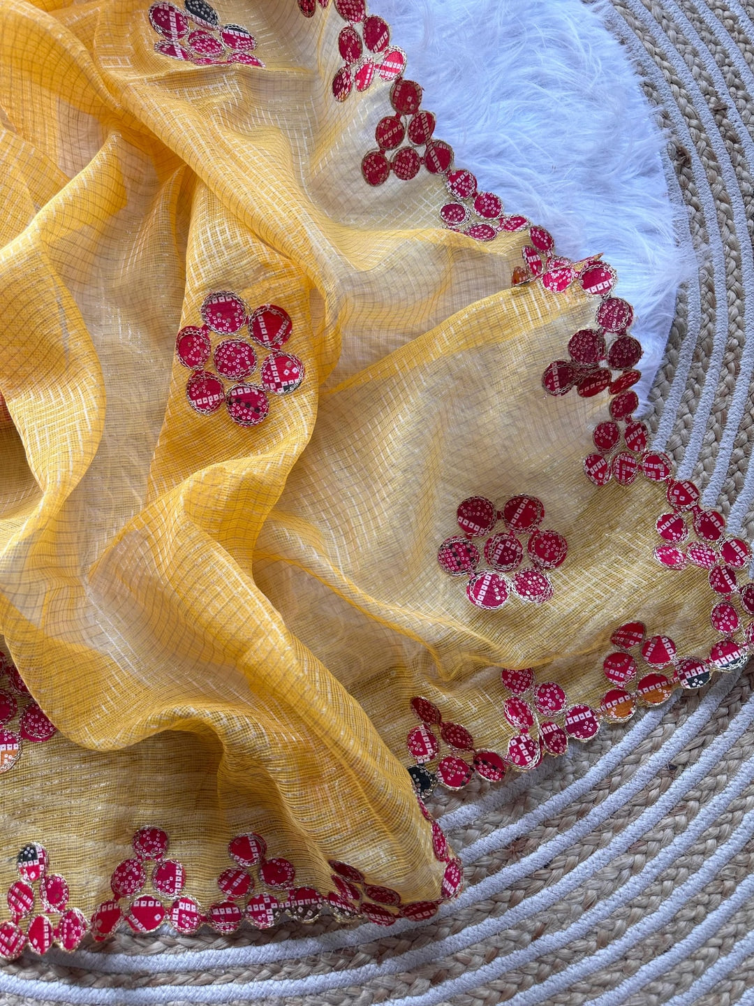 Peachmode Yellow Kota Doria Bandhej Patch Saree - Image 4