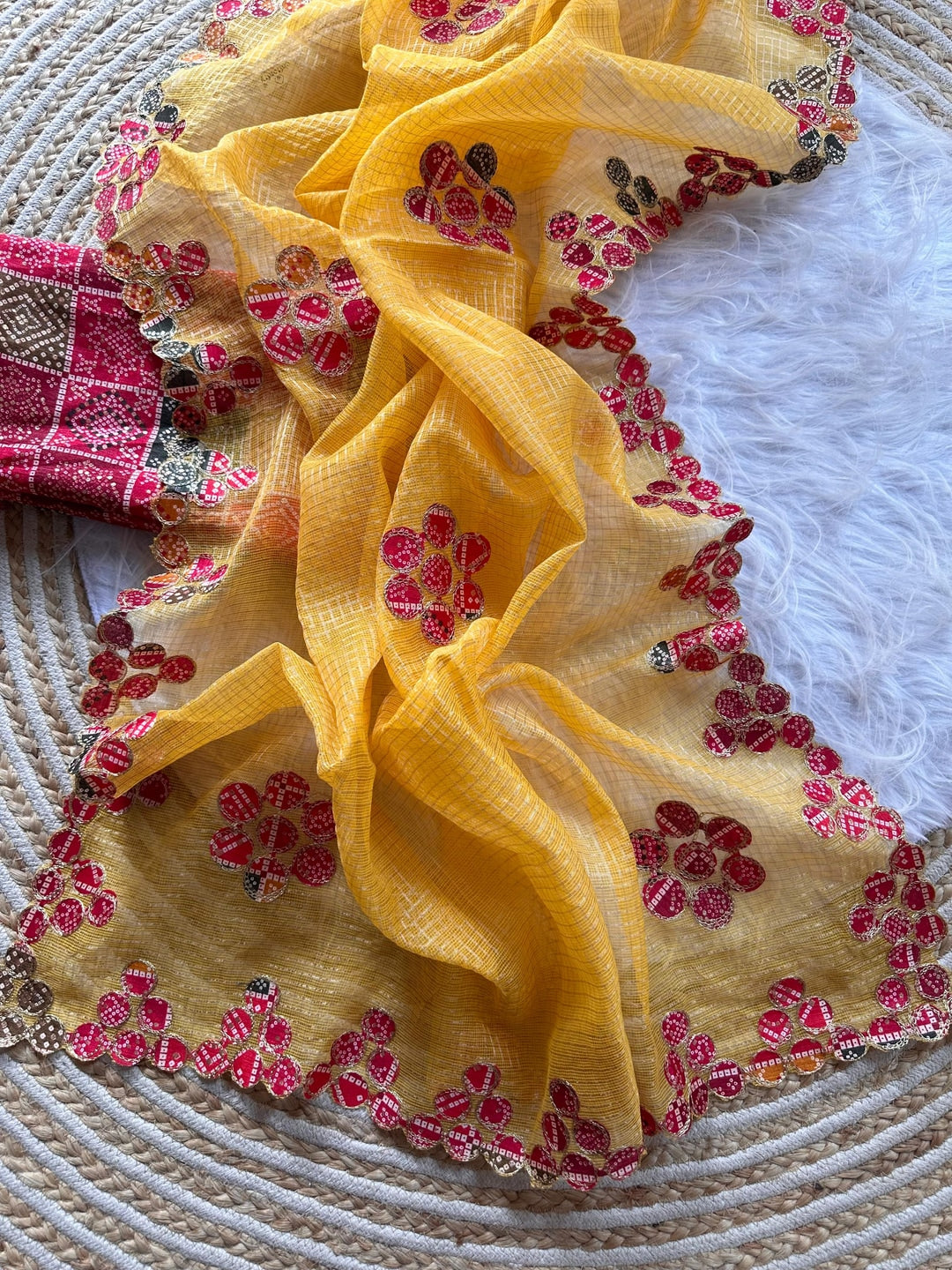 Peachmode Yellow Kota Doria Bandhej Patch Saree - Image 5
