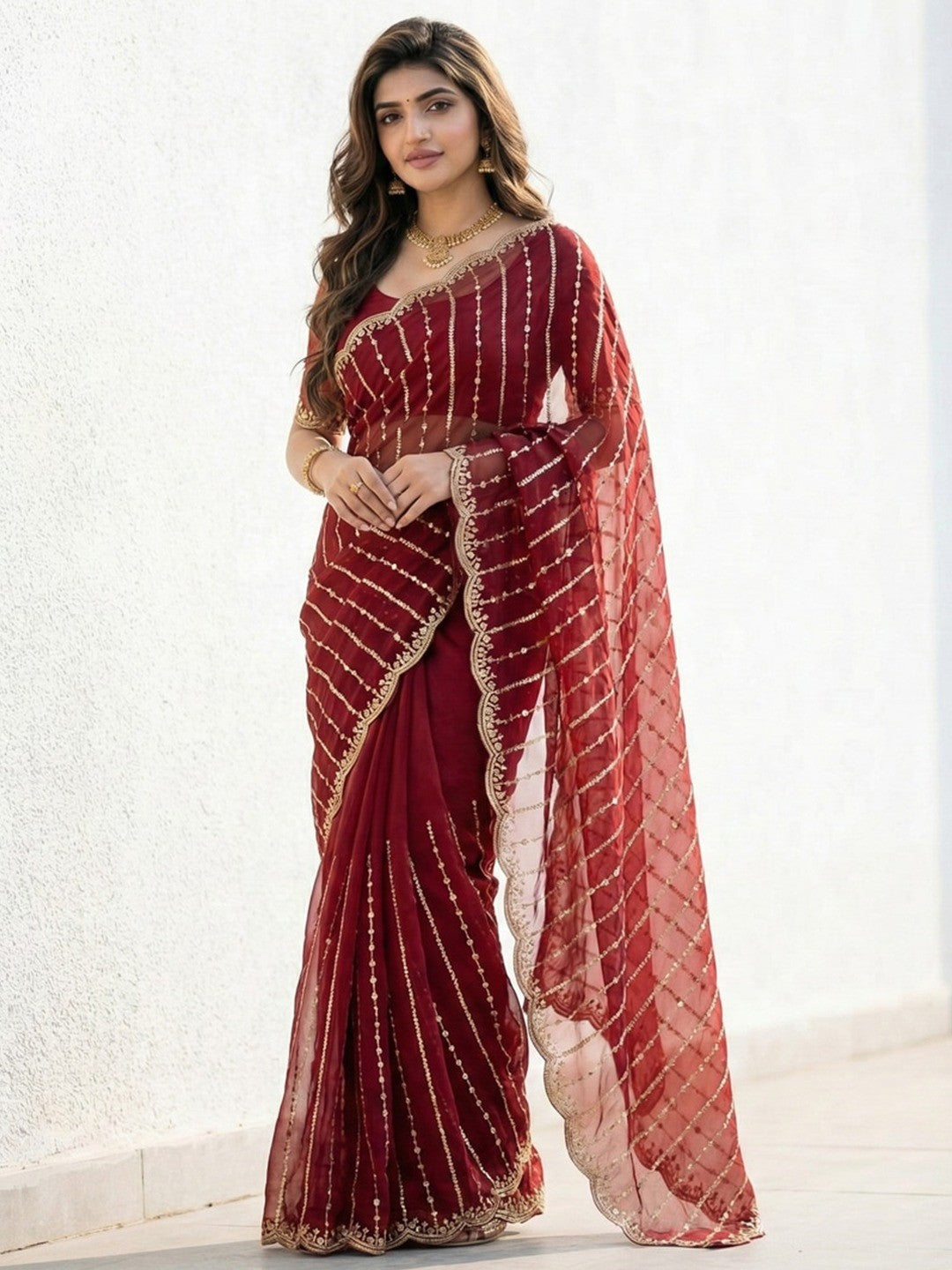 Peachmode Maroon Sequin Embroidered Dual Shade Satin Saree - Image 1